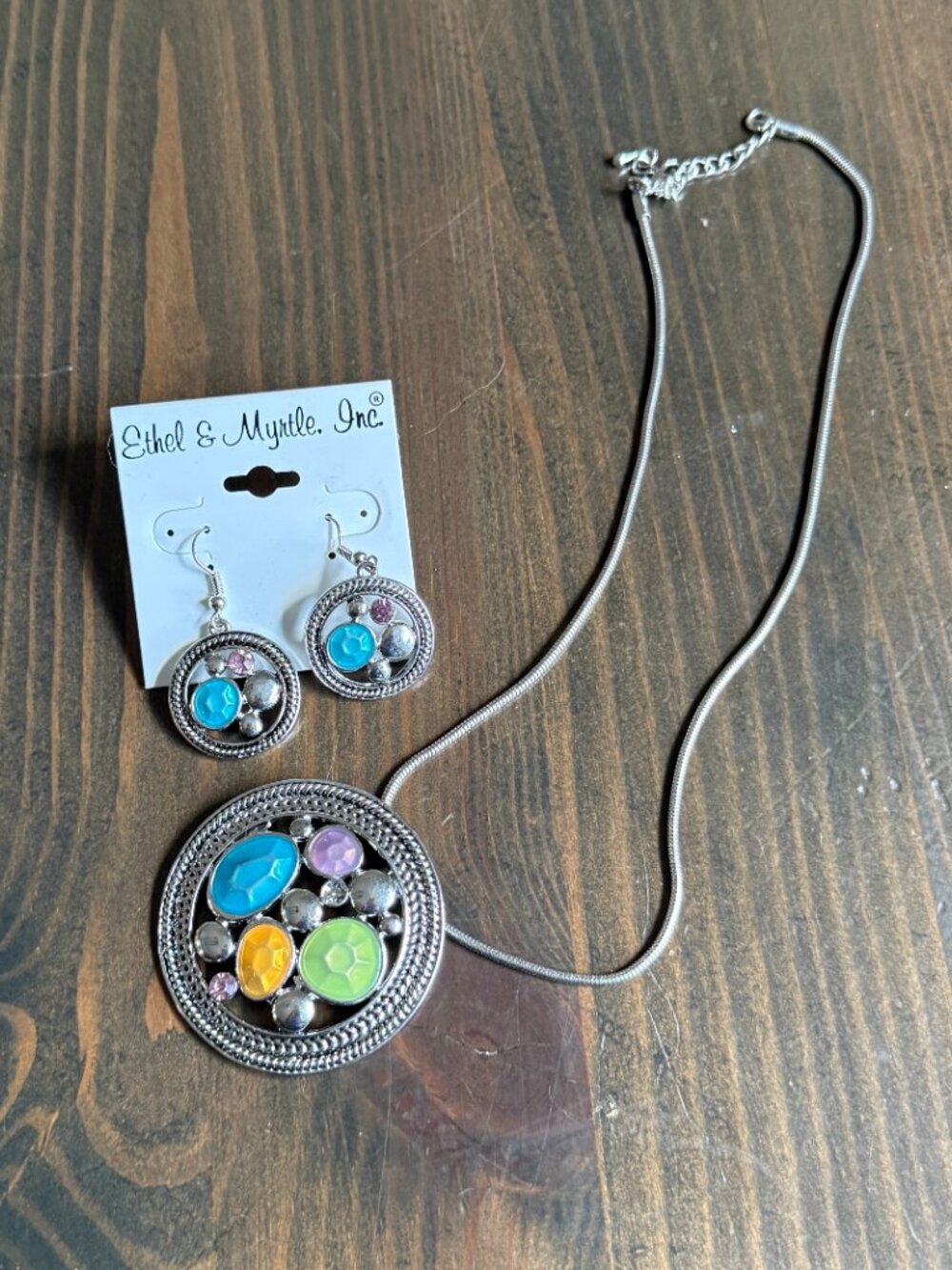 Ethel & Myrtle Silver Toned Necklace with round Pendant and Matching Earrings